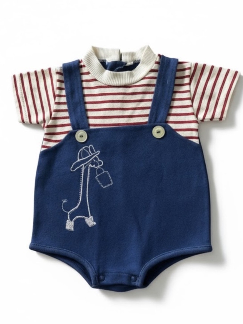 VTG 1980s Navy and Red Striped Baby One-Piece Bodysuit with Embroidered Giraffe